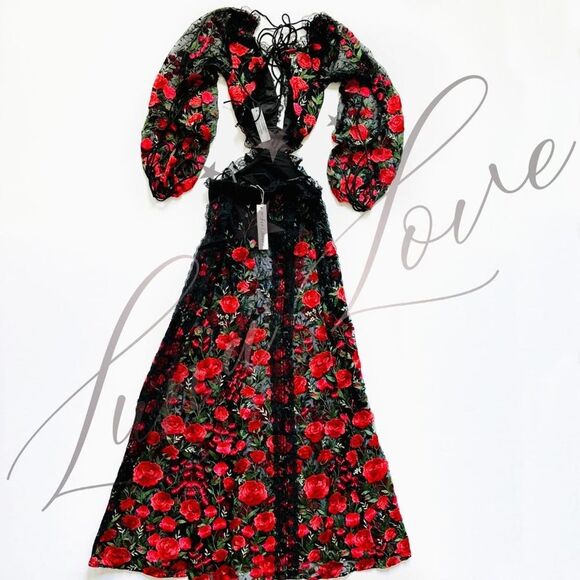 FOR LOVE & LEMONS Araceli Maxi Dress In Red Embroidered Floral NWT - Picture 9 of 12